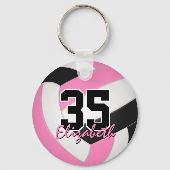 cute pink black personalized volleyball keychain (Front)