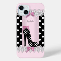 Cute Pink Black Polka Dots High Heel iPhone 15 Plus Case