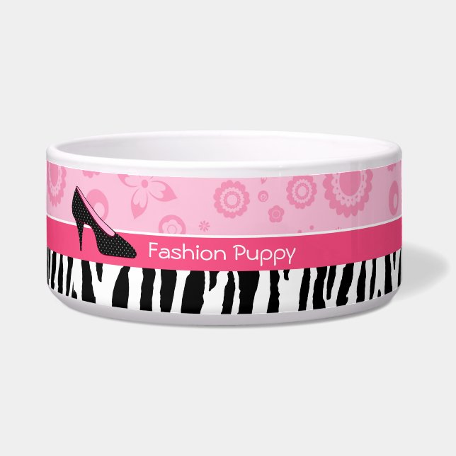 Cute Pink Black Shoes Trendy Zebra Print With Name Bowl (Front)