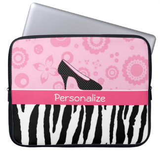 Cute Pink Black Shoes Trendy Zebra Print With Name Laptop Sleeve