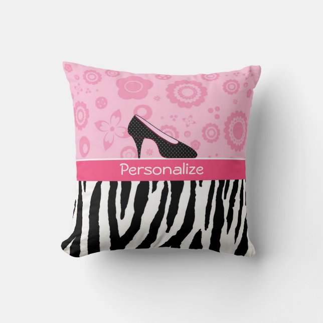 Cute Pink Black Shoes Trendy Zebra Print With Name Throw Pillow (Front)