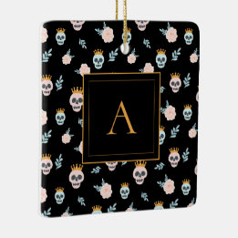 Cute Pink Black Skull Pattern Monogram Halloween Ceramic Ornament