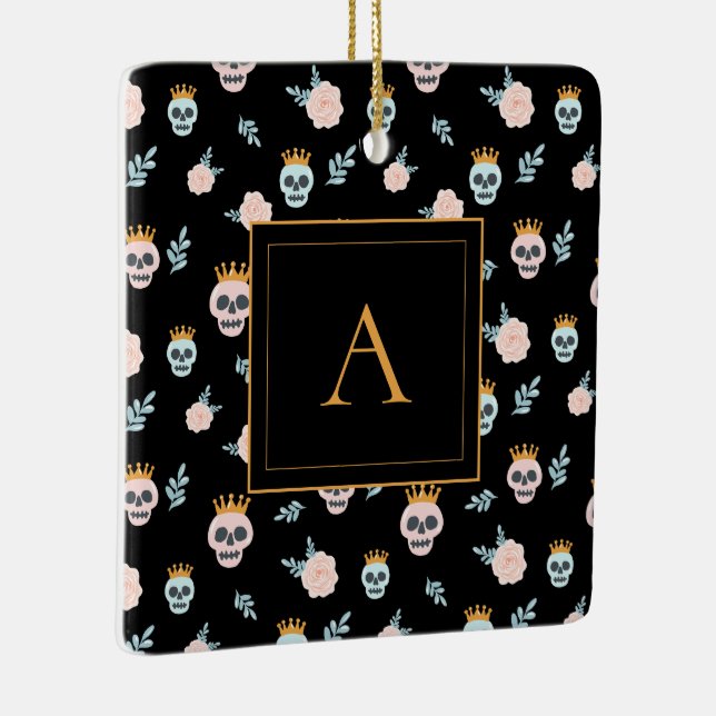 Cute Pink Black Skull Pattern Monogram Halloween Ceramic Ornament (Right)