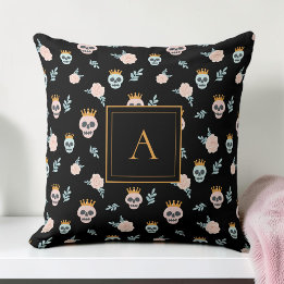 Cute Pink Black Skull Pattern Monogram Halloween Throw Pillow