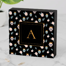 Cute Pink Black Skull Pattern Monogram Halloween Wooden Box Sign