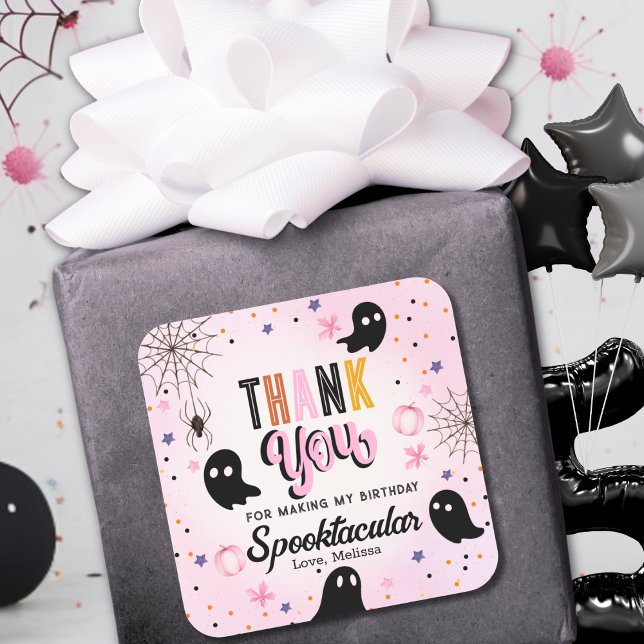 Cute Pink Black Spooktacular Birthday Thank You Square Sticker (Creator Uploaded)