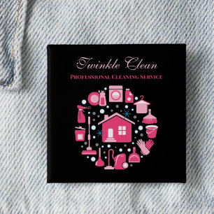 Cute Pink Black Supplies Cleaning Service Business Button