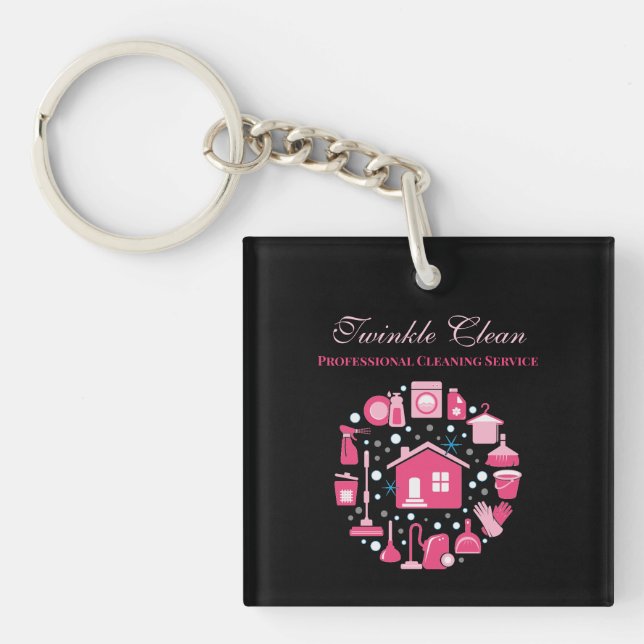 Cute Pink Black Supplies Cleaning Service Business Keychain (Front)