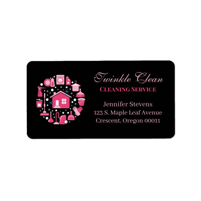 Cute Pink Black Supplies Cleaning Service Business Label (Front)