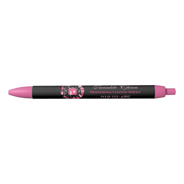 Cute Pink Black Supplies Cleaning Service Business Pen (Front)