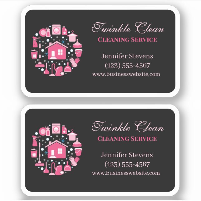 Cute Pink Black Supplies Cleaning Service Business Sticker (Front)