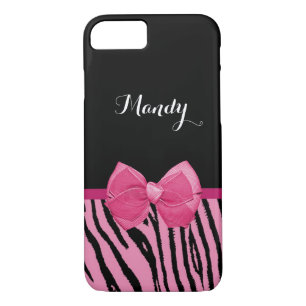 Cute Pink Black Tiger Stripes Girly Ribbon Name iPhone 8/7 Case