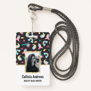 Cute Pink Black Unicorn Rainbow Floral Stars Badge