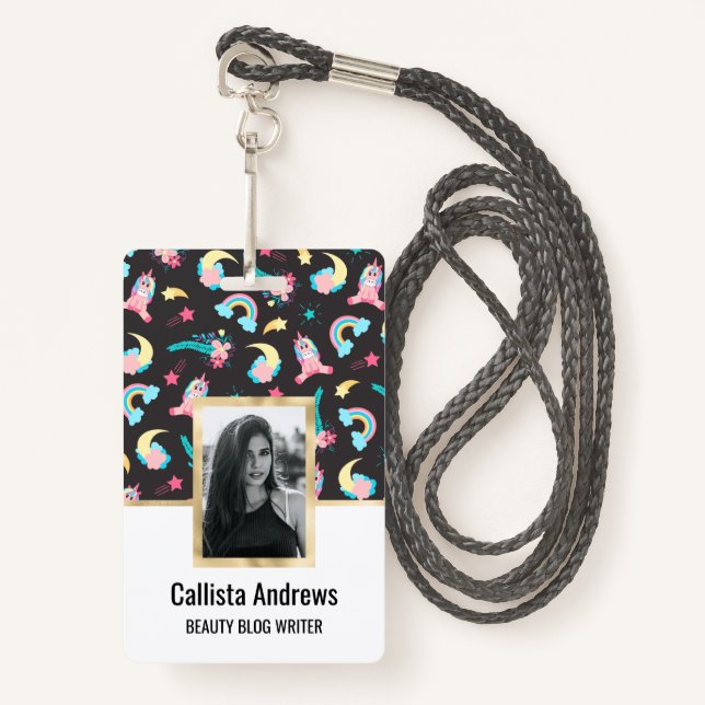 Cute Pink Black Unicorn Rainbow Floral Stars Badge (Front with Lanyard)