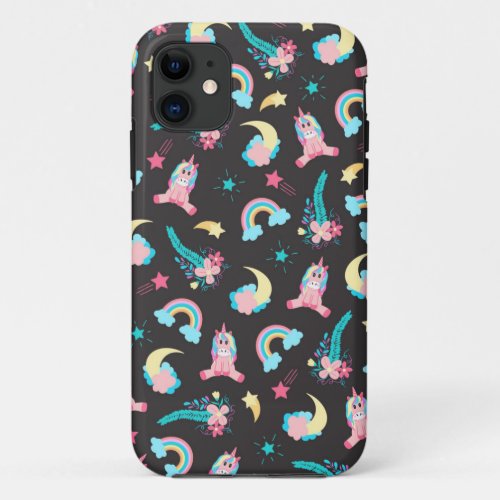 Cute Pink Black Unicorn Rainbow Floral Stars iPhone 11 Case