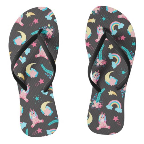 Cute Pink Black Unicorn Rainbow Floral Stars Flip Flops