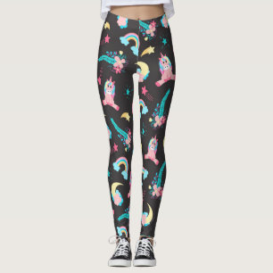 Cute Pink Black Unicorn Rainbow Floral Stars Leggings