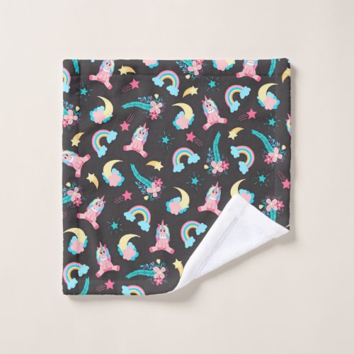 Cute Pink Black Unicorn Rainbow Floral Stars Wash Cloth