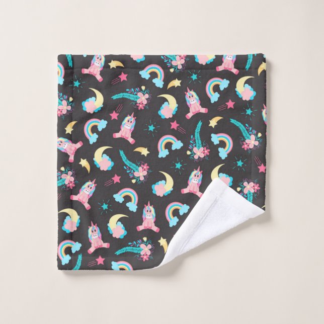 Cute Pink Black Unicorn Rainbow Floral Stars Wash Cloth (Wash Cloth)