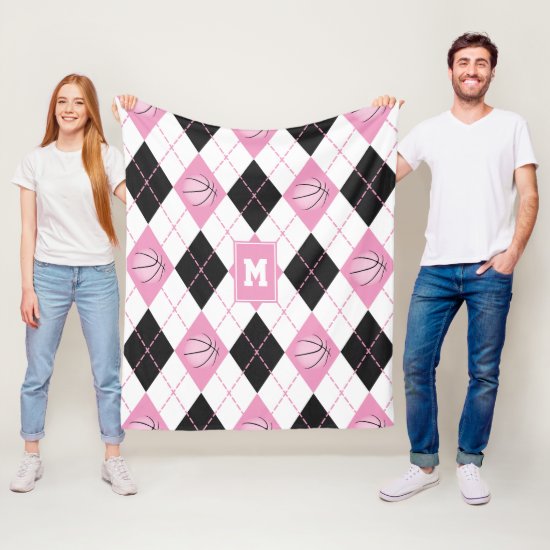 cute pink black white basketball themed argyle fleece blanket