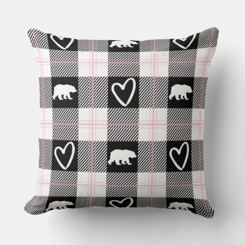 Cute Pink Black  White Bear and Heart Flannel Throw Pillow