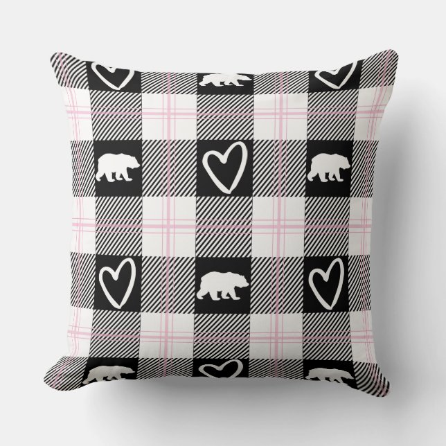 Cute Pink Black & White Bear and Heart Flannel Throw Pillow (Front)