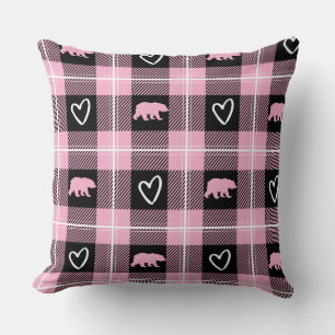 Cute Pink Black & White Bear and Heart Flannel Throw Pillow