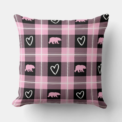 Cute Pink Black  White Bear and Heart Flannel Throw Pillow
