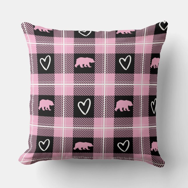 Cute Pink Black & White Bear and Heart Flannel Throw Pillow (Front)