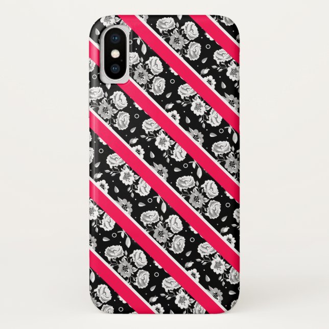 Cute pink black white flowers stripes Case-Mate iPhone case (Back)