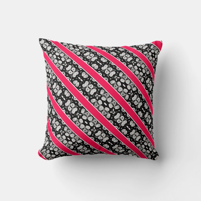 Cute pink black white flowers stripes throw pillow (Front)