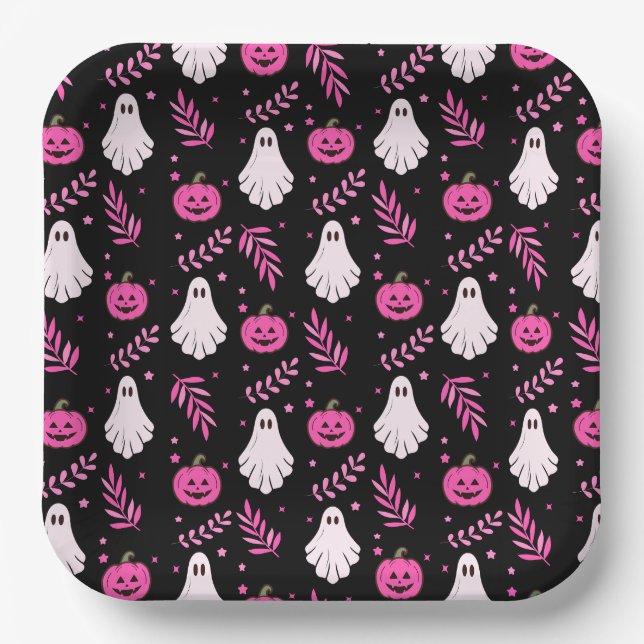 Cute Pink Black White Halloween Party Paper Plates (Front)