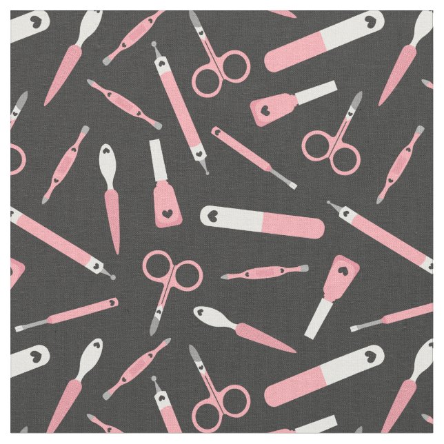 Cute Pink Black White Manicurist Tools Pattern Fabric (Close Up)