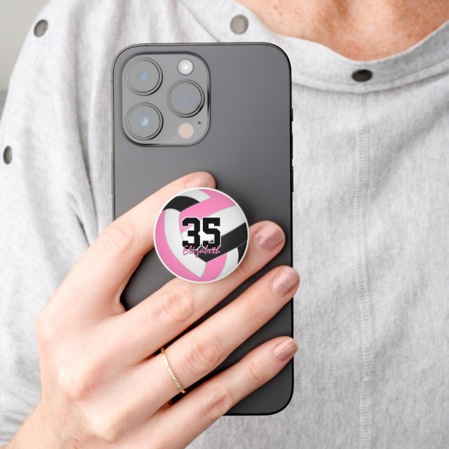 cute pink black white volleyball w her name PopSocket (Hand)