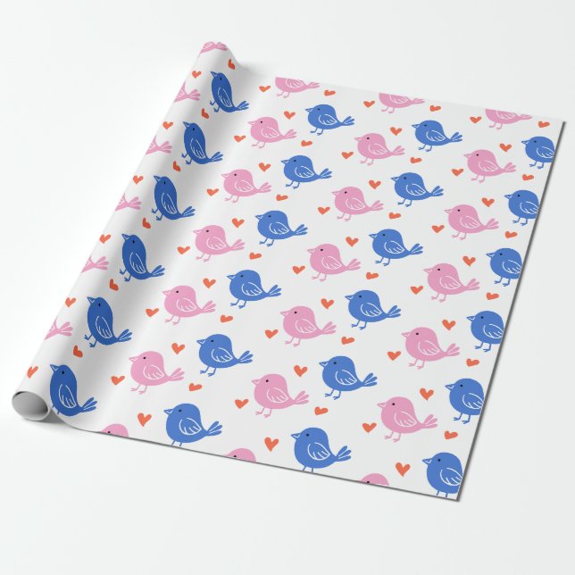 Cute Pink Blue Bird Heart Pattern Repeating Love  Wrapping Paper (Unrolled)
