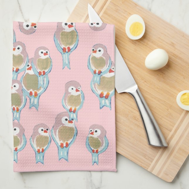Cute Pink & Blue Bird Pattern Modern Abstract Kitchen Towel (Quarter Fold)