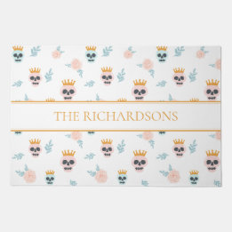 Cute Pink Blue Botanical Skull Pattern Halloween Doormat