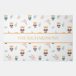 Cute Pink Blue Botanical Skull Pattern Halloween Doormat