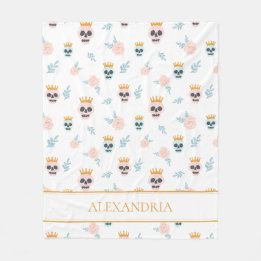 Cute Pink Blue Botanical Skull Pattern Halloween Fleece Blanket