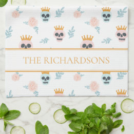 Cute Pink Blue Botanical Skull Pattern Halloween Kitchen Towel