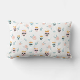 Cute Pink Blue Botanical Skull Pattern Halloween Lumbar Pillow