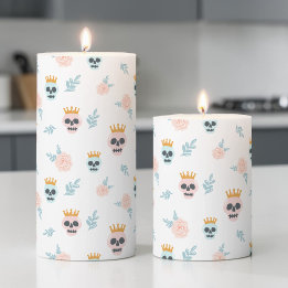 Cute Pink Blue Botanical Skull Pattern Halloween Pillar Candle