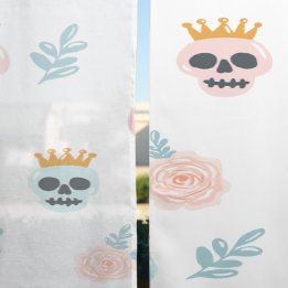 Cute Pink Blue Botanical Skull Pattern Halloween Sheer Curtains