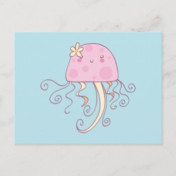 Cute Pink Blue Cartoon Jellyfish Postcard by saradaboru at Zazzle