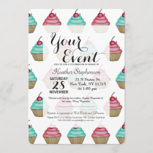 Cute Pink & Blue Cupcake with Cherry on Top Invitation