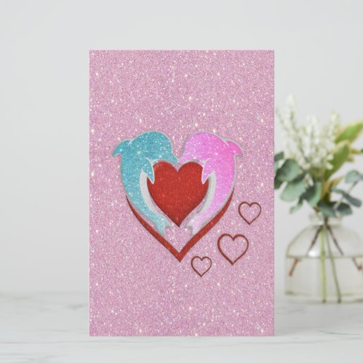 Cute pink blue dolphins holding a red heart (Standing Front)