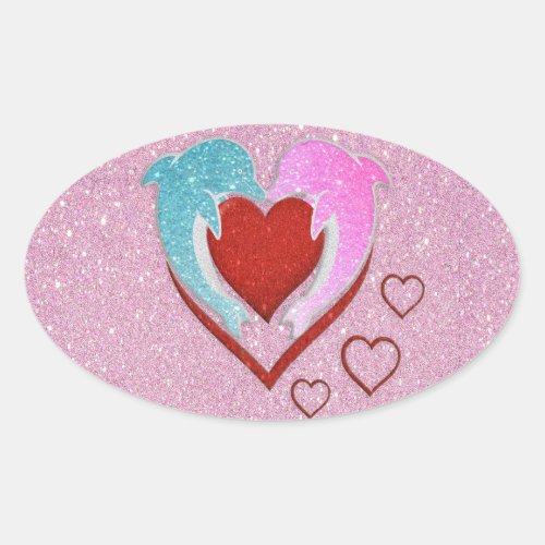 Cute pink blue dolphins holding a red heart oval sticker