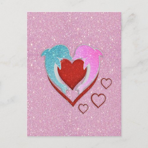 Cute pink blue dolphins holding a red heart postcard