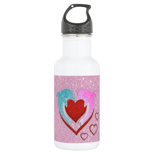 Cute pink blue dolphins holding a red heart water bottle (Front)
