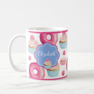 Cute Pink & Blue Donuts and Cupcakes Personalized Coffee Mug